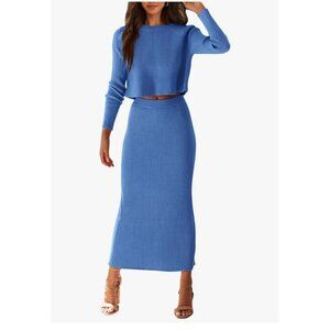 Womens Small Rib Knit Blue Crop Top Maxi Skirt Set Long Sleeve Bodycon Casual
